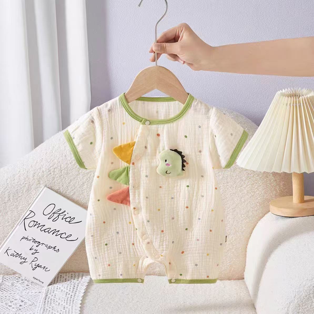 Little Dino Muslin Romper – 3D Dinosaur Short Sleeve Bodysuit (0–18M)    Mimou Babywear