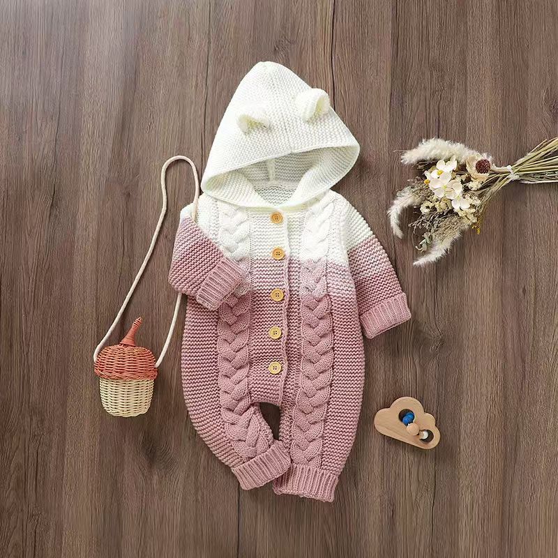 Bear Ear Hood Cable Knit Colorblock Romper – Cozy Button-Up Baby Outfit (0–12M)