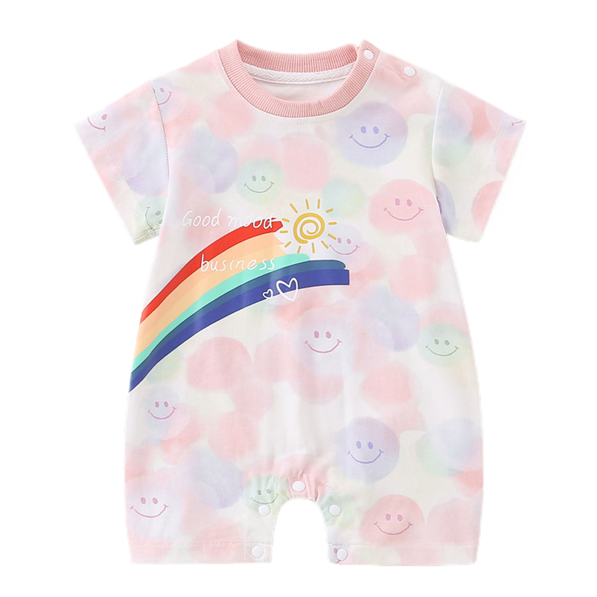 Good Mood Smiley Rainbow Romper – Short Sleeve Snap Bodysuit (0–3Y)
