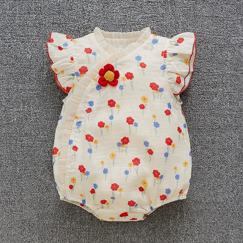 Wildflower Kimono Bubble Romper – Flutter Sleeve 3D Flower Bodysuit (0–12M)