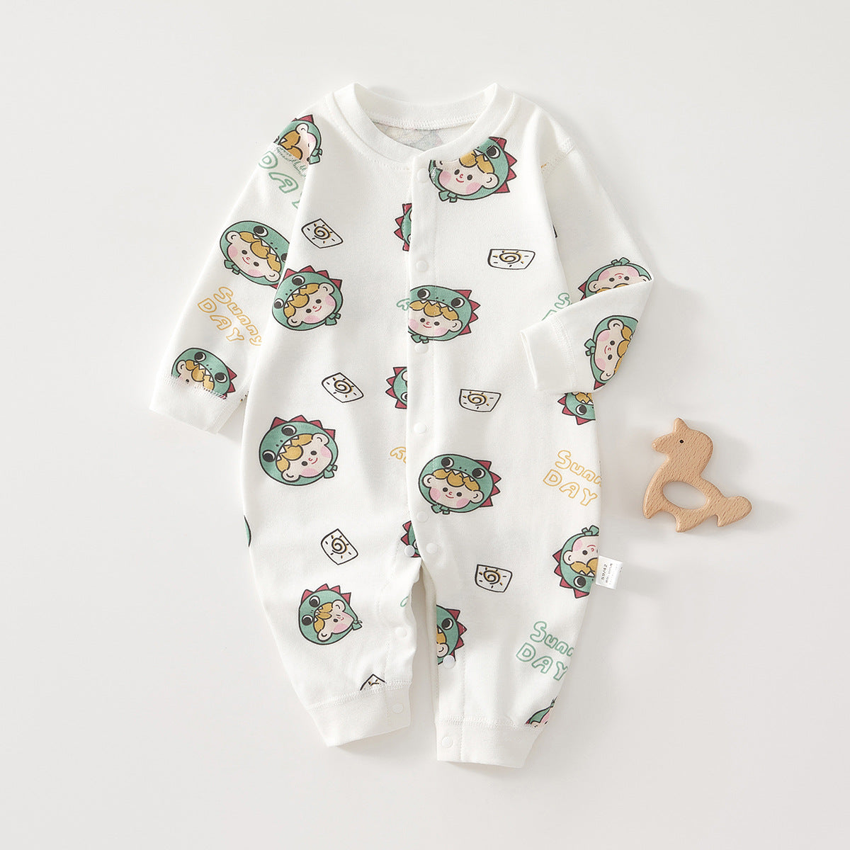 Dino Bear Sunny Day Sleepsuit – Full-Snap Long Sleeve Cotton Romper (0–18M)