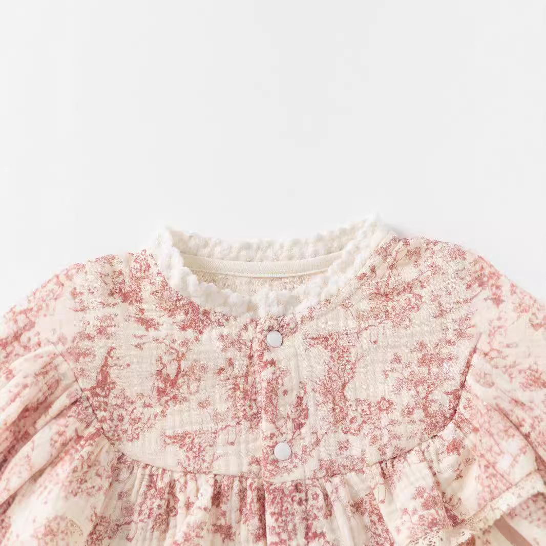 Pink Toile Botanical Sleepsuit & Bonnet Set – Ruffle Collar Long Sleeve Romper (0–24M)