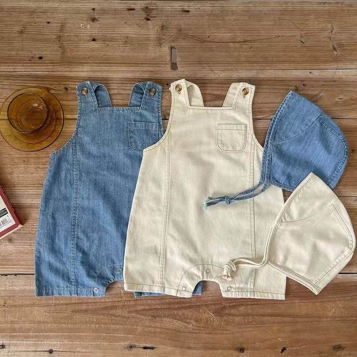Denim Dungaree Romper & Bonnet Set – Sleeveless Overalls with Matching Hat (0–18M)    Mimou Babywear