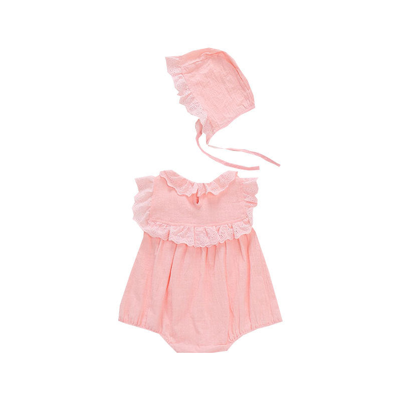 Pink Eyelet Lace Collar Romper & Bonnet Set – Cotton Bubble Bodysuit (0–24M)