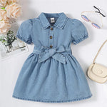 Denim Baby Girl Dress with Puff Sleeves and Belt (6-36M)    Mimou Babywear
