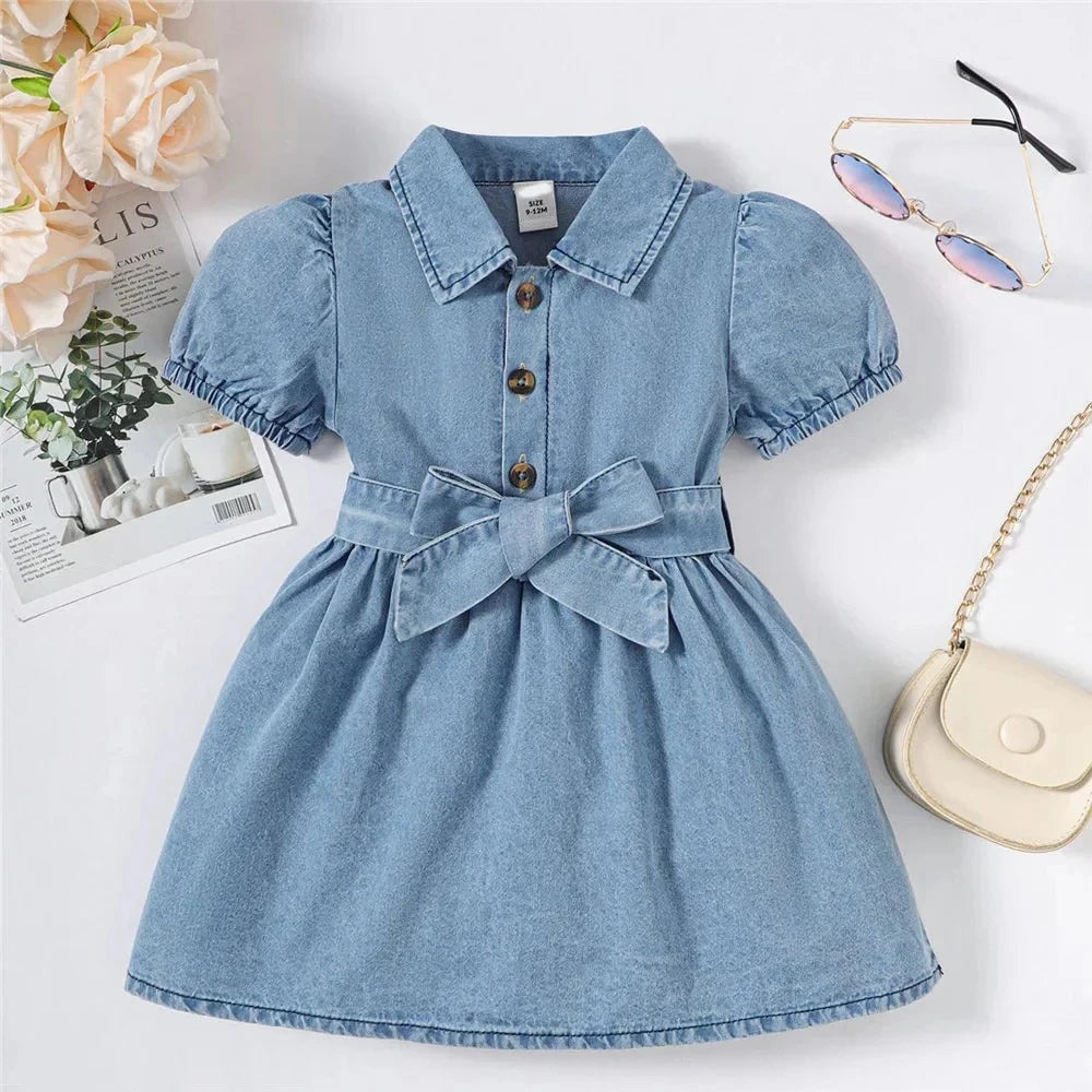 Denim Baby Girl Dress with Puff Sleeves and Belt (6-36M)    Mimou Babywear