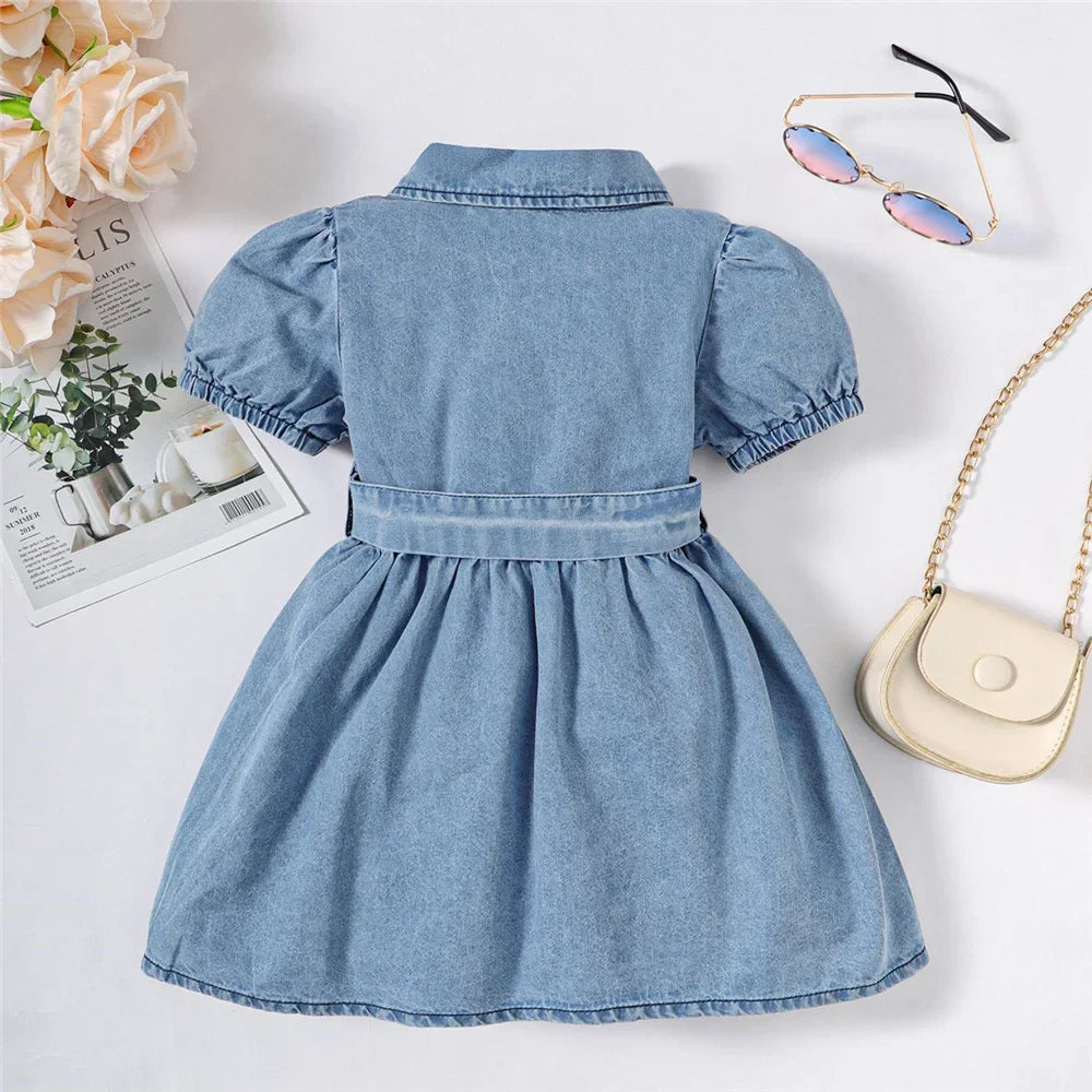Denim Baby Girl Dress with Puff Sleeves and Belt (6-36M)    Mimou Babywear