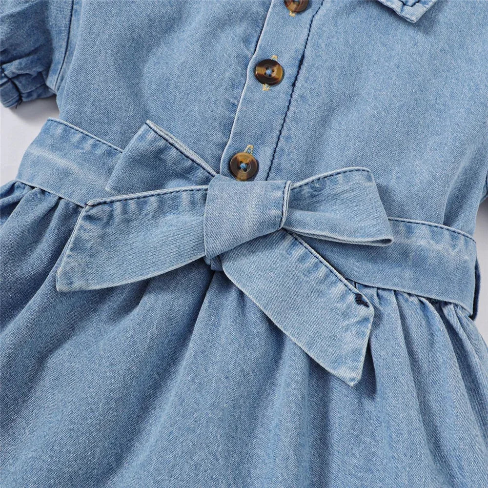 Denim Baby Girl Dress with Puff Sleeves and Belt (6-36M)    Mimou Babywear