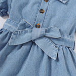 Denim Baby Girl Dress with Puff Sleeves and Belt (6-36M)    Mimou Babywear