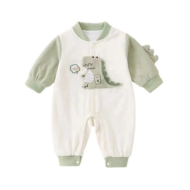 Dinosaur Embroidered Baseball Romper – Soft Cotton Long-Sleeve Jumpsuit (Unisex)    Mimou Babywear