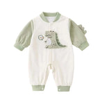 Dinosaur Embroidered Baseball Romper – Soft Cotton Long-Sleeve Jumpsuit (Unisex)    Mimou Babywear