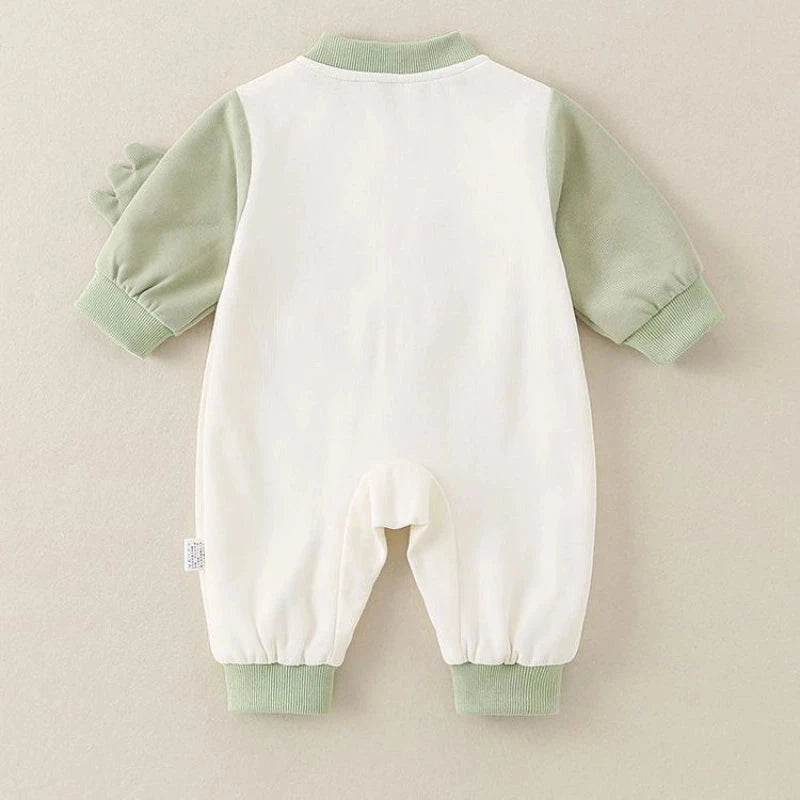 Dinosaur Embroidered Baseball Romper – Soft Cotton Long-Sleeve Jumpsuit (Unisex)    Mimou Babywear
