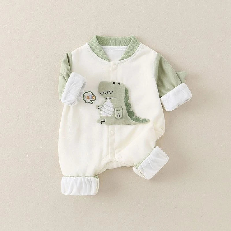 Dinosaur Embroidered Baseball Romper – Soft Cotton Long-Sleeve Jumpsuit (Unisex)    Mimou Babywear