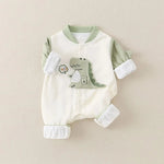 Dinosaur Embroidered Baseball Romper – Soft Cotton Long-Sleeve Jumpsuit (Unisex)    Mimou Babywear
