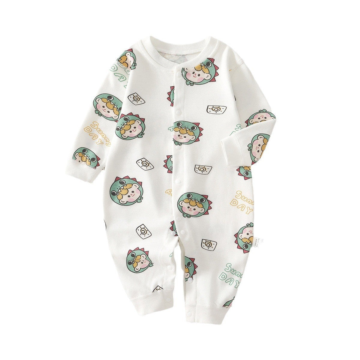 Dino Bear Sunny Day Sleepsuit – Full-Snap Long Sleeve Cotton Romper (0–18M)