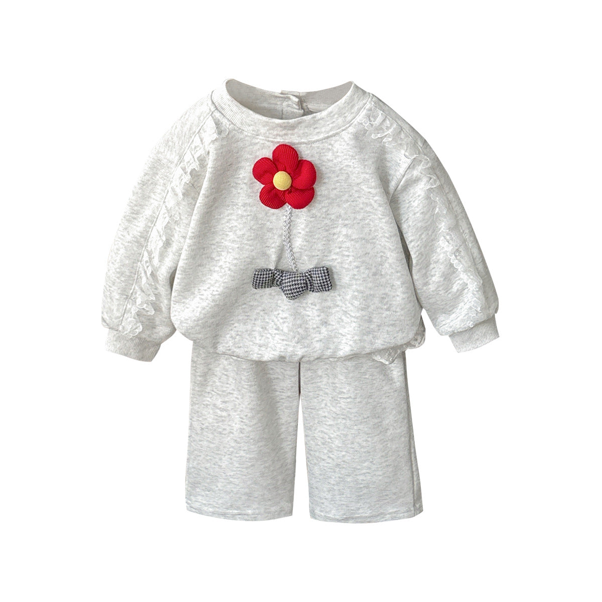 Red Flower Lace Sleeve Sweatshirt & Wide-Leg Pants Set – Two-Piece (3M–2Y)