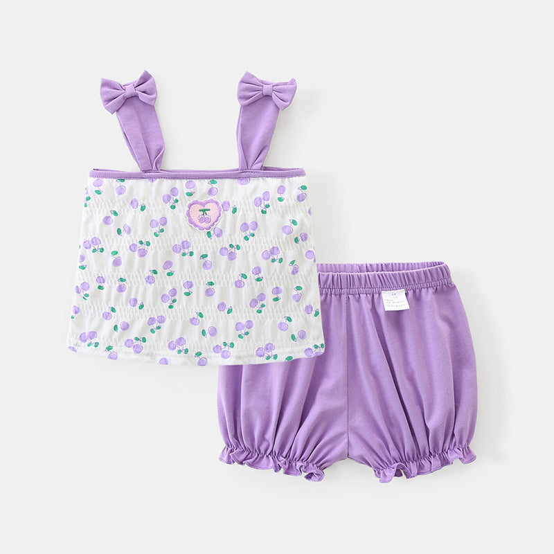 Cherry Heart Smocked Top & Bloomer Shorts Set – Bow Strap Two-Piece (3M–3Y)