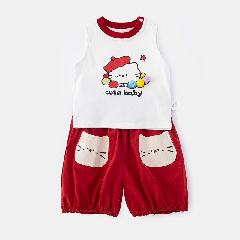 Cute Baby Cat Vest & Red Shorts Set – Sleeveless Two-Piece (3M–2Y)