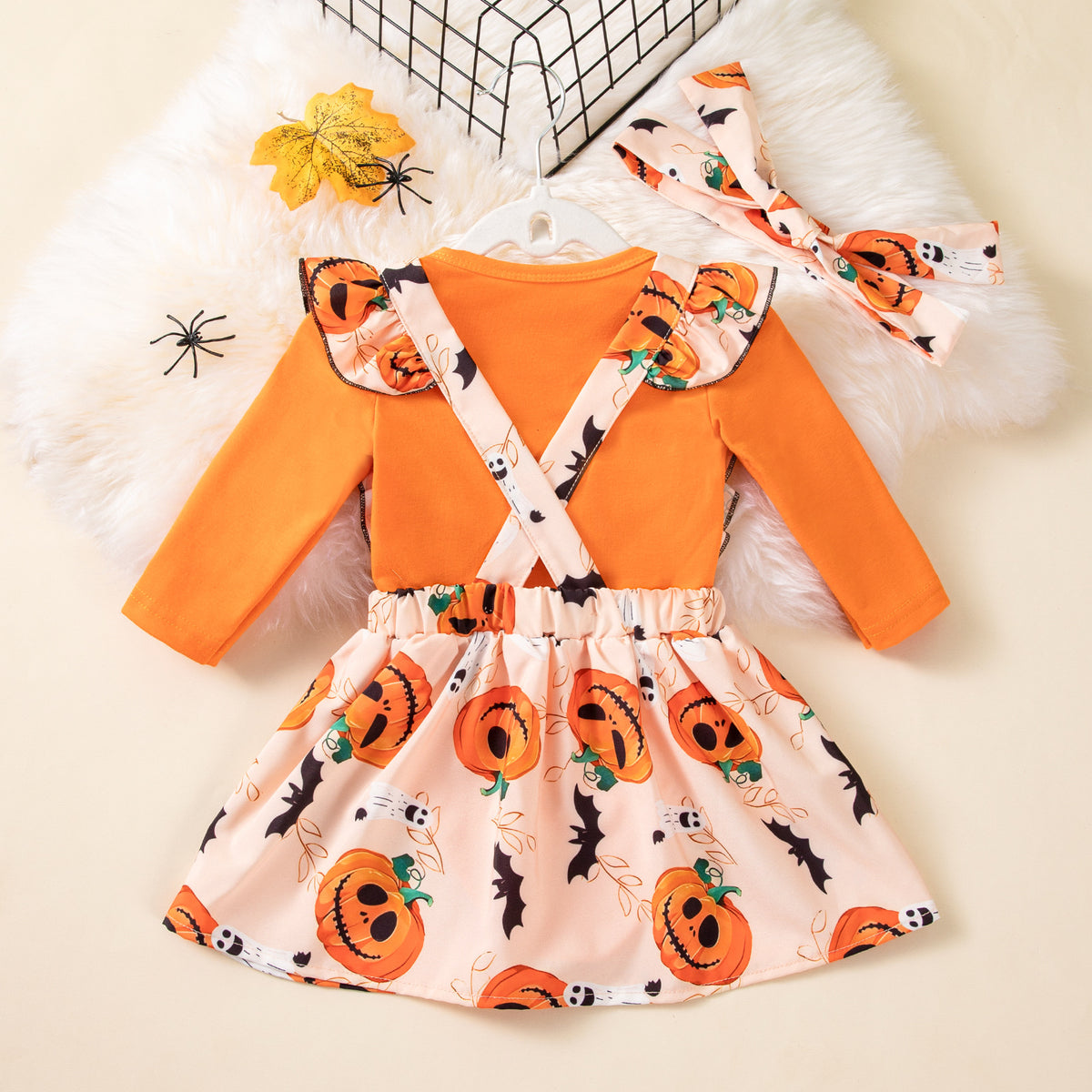 Ensemble robe d'Halloween pour bébé fille, body à manches longues avec citrouille à volants