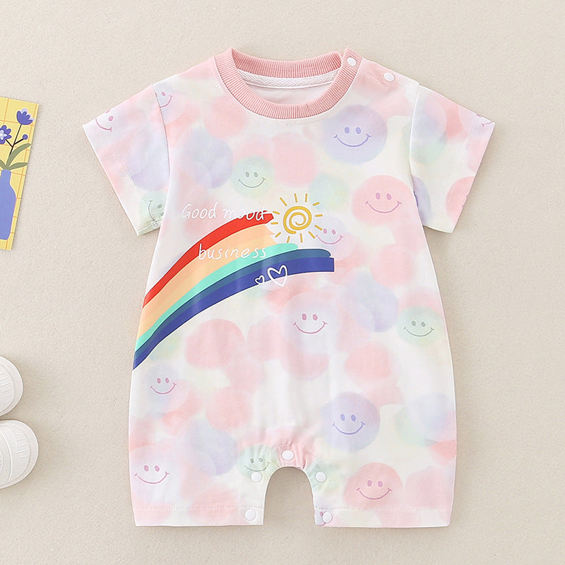 Good Mood Smiley Rainbow Romper – Short Sleeve Snap Bodysuit (0–3Y)