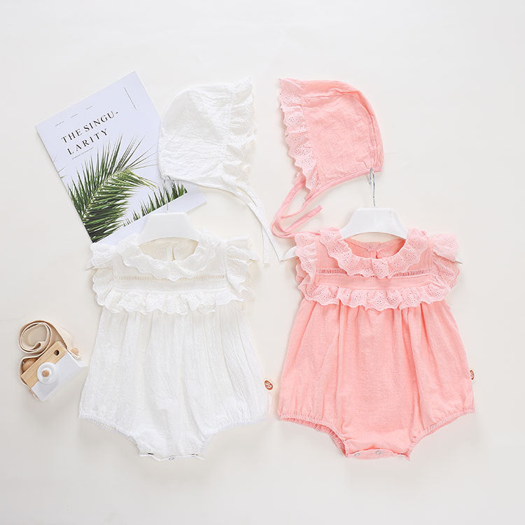 Pink Eyelet Lace Collar Romper & Bonnet Set – Cotton Bubble Bodysuit (0–24M)
