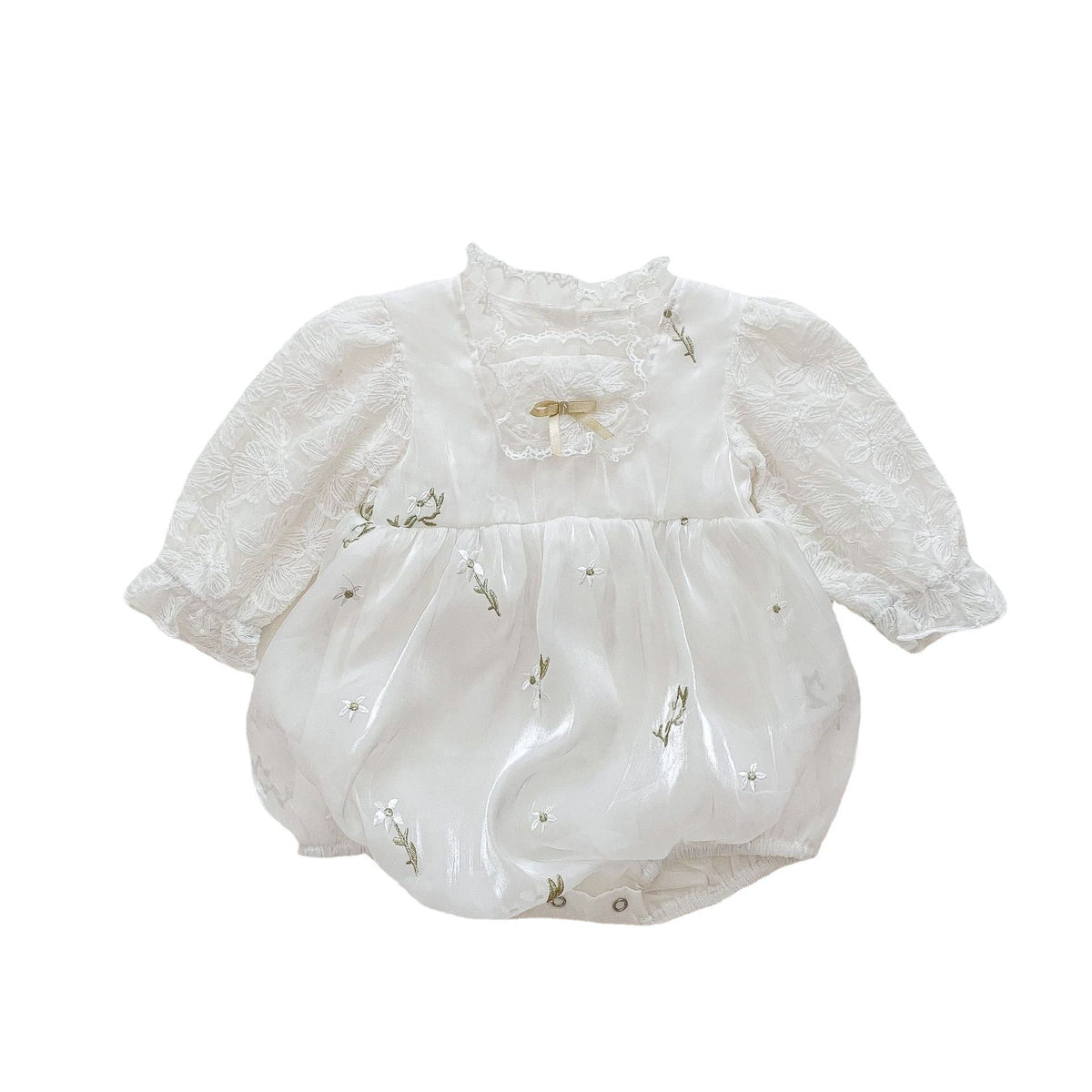 Embroidered Cotton Romper – Long Sleeve Baby Girl Outfit   Beige / 100cm Mimou Babywear