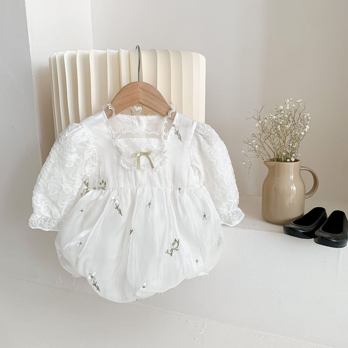 Embroidered Cotton Romper – Long Sleeve Baby Girl Outfit    Mimou Babywear