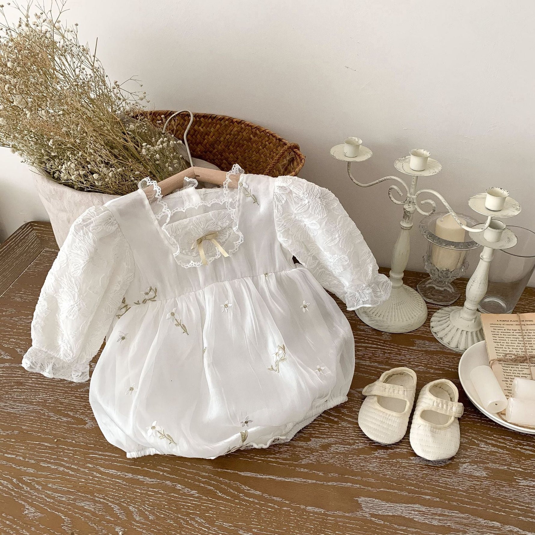 Embroidered Cotton Romper – Long Sleeve Baby Girl Outfit    Mimou Babywear