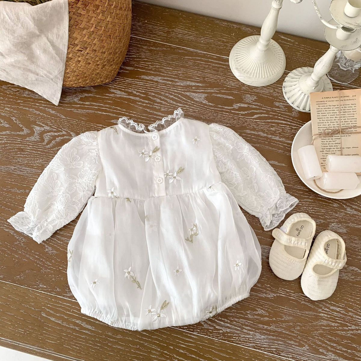Embroidered Cotton Romper – Long Sleeve Baby Girl Outfit    Mimou Babywear