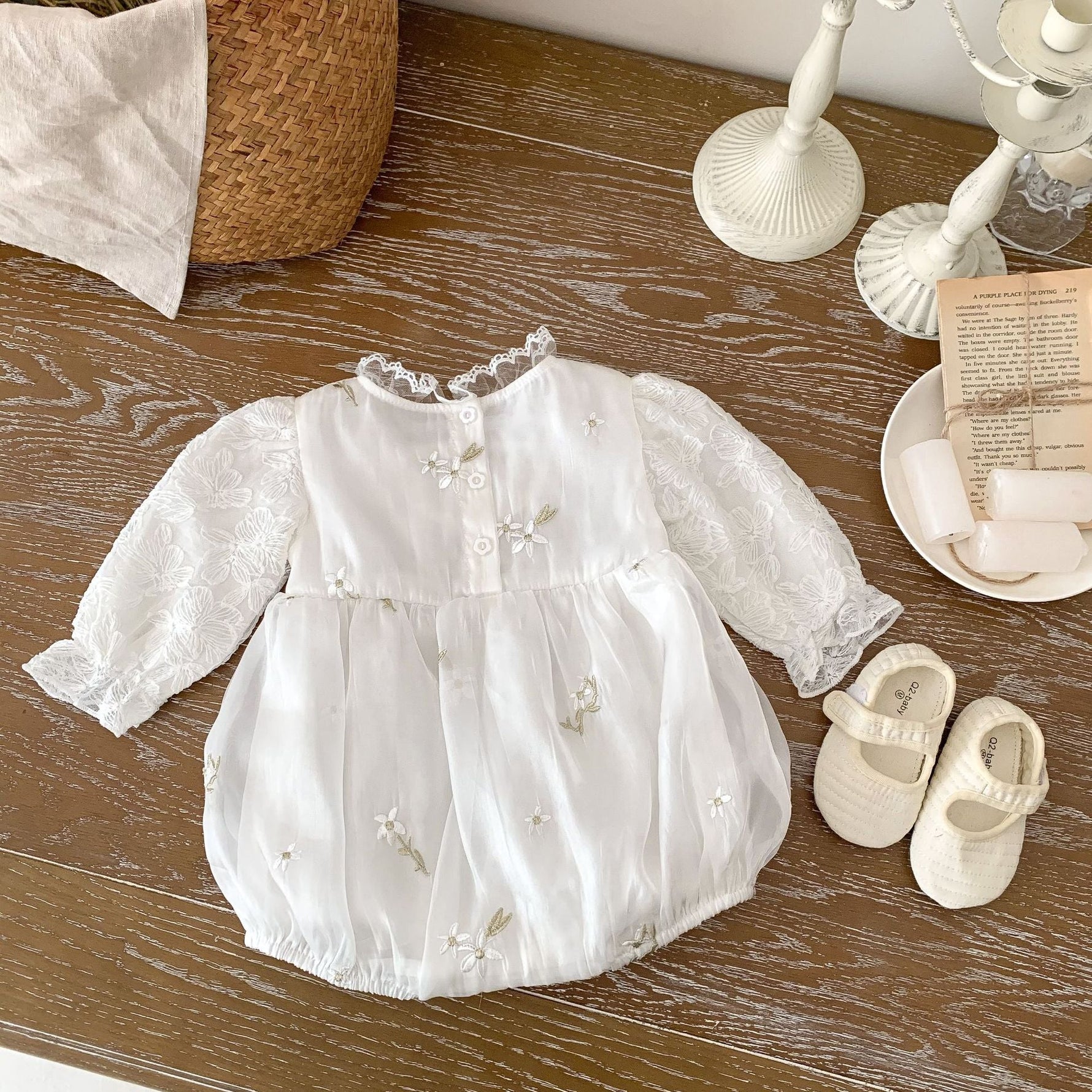 Embroidered Cotton Romper – Long Sleeve Baby Girl Outfit    Mimou Babywear