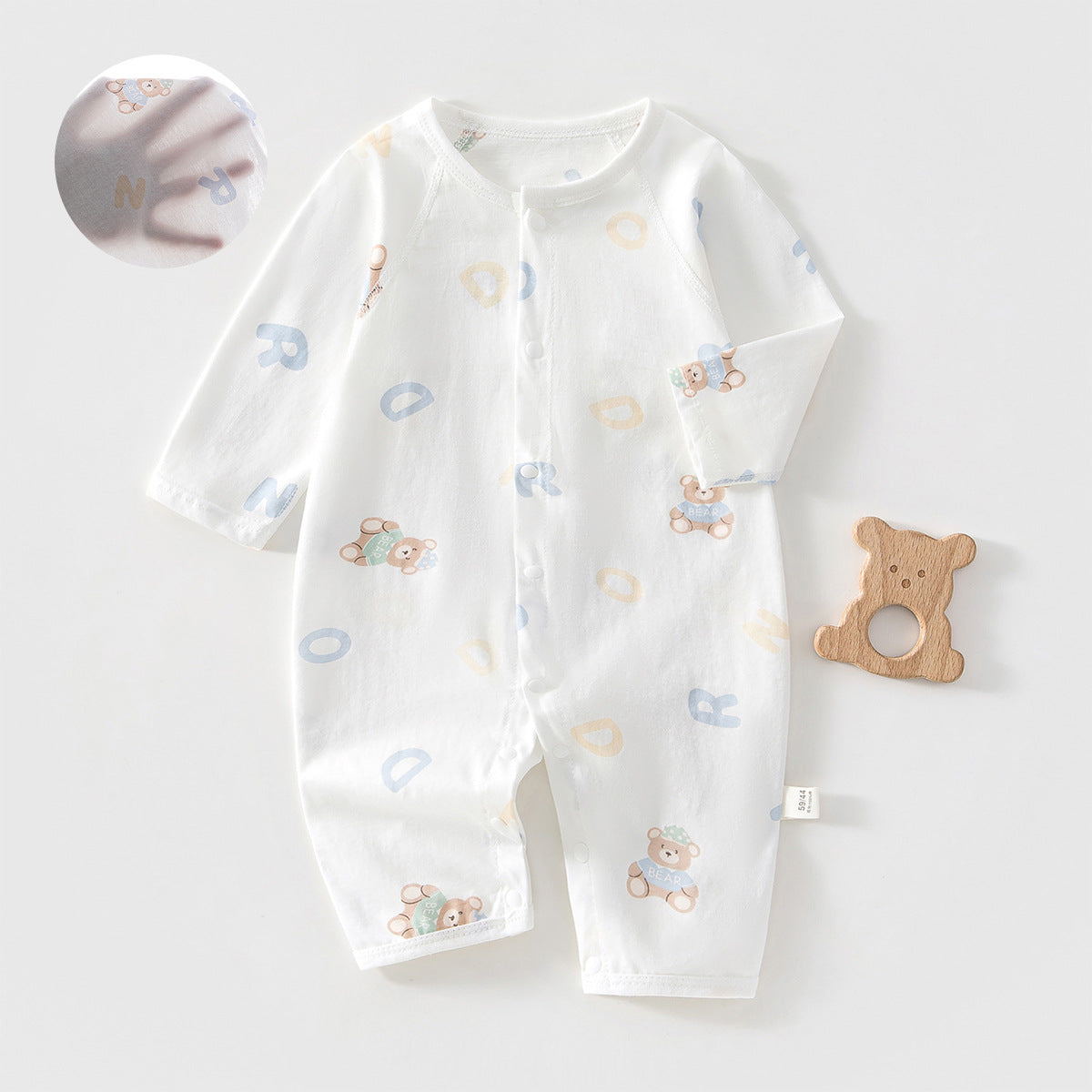 ABC Bear Long Sleeve Romper – Lightweight Full-Snap Cotton Sleepsuit (0–18M)