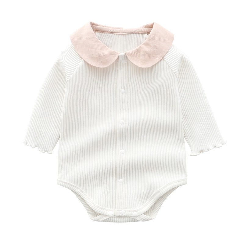 Contrast Peter Pan Collar Ribbed Bodysuit – Long Sleeve Button Baby Romper (0–12M)