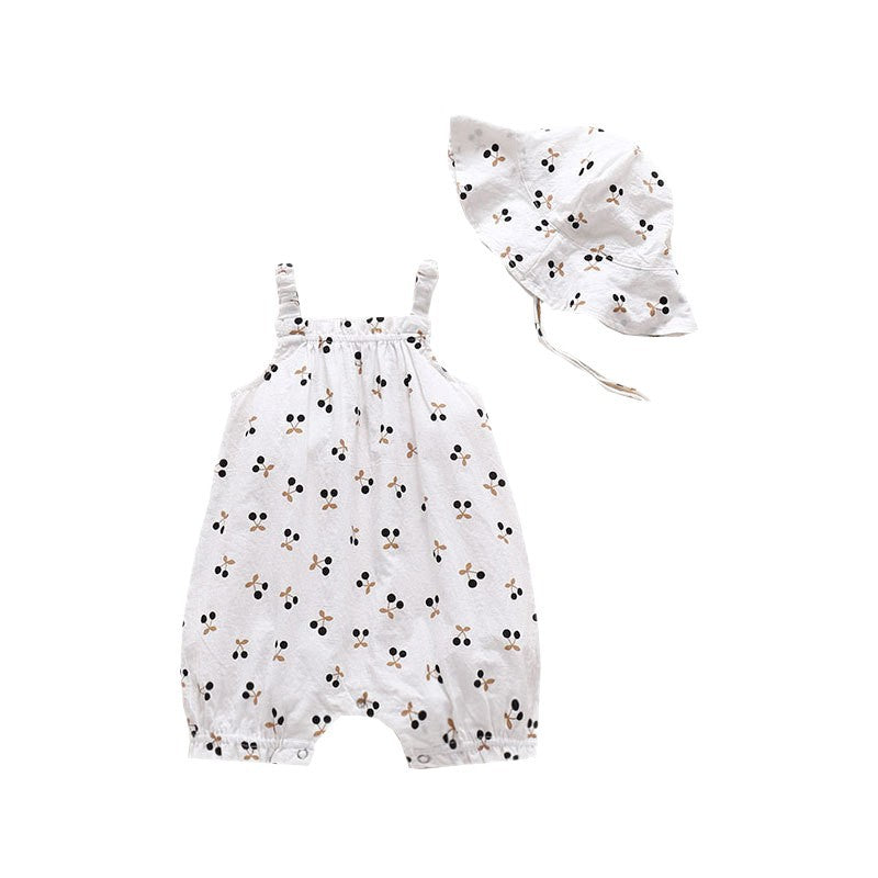 Black Cherry Print Bubble Romper & Bucket Hat Set – Strap Sleeveless Bodysuit (0–18M)