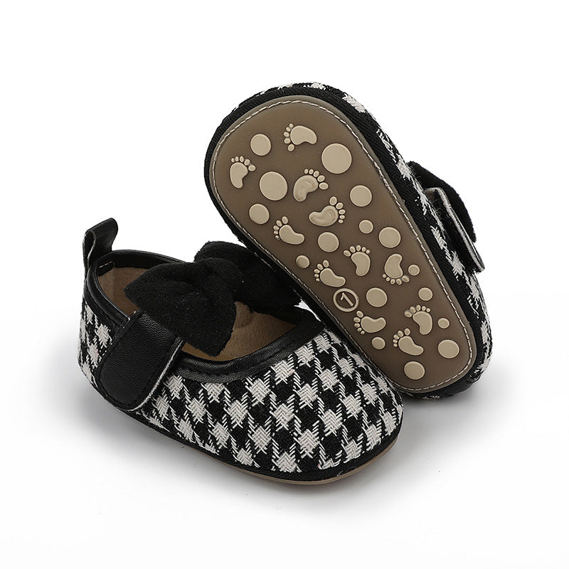 Houndstooth Bow Mary Jane Shoes – Non-Slip Rubber Sole First Walker Shoes (0–18M)