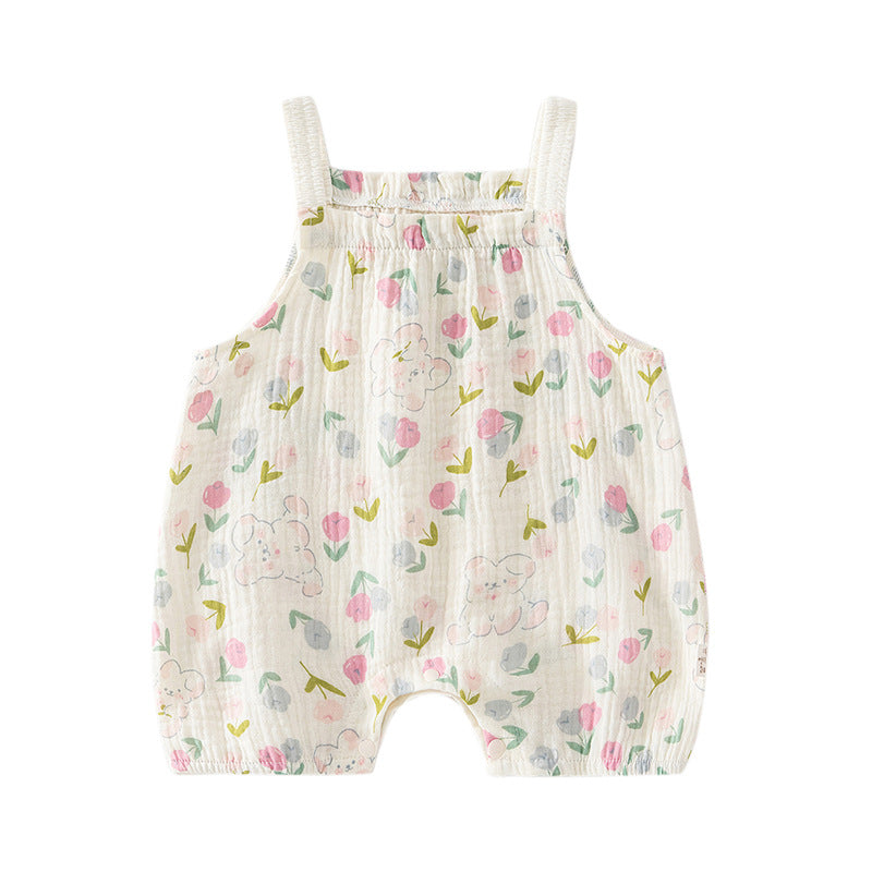 Floral Bear Muslin Dungaree Romper – Sleeveless Bubble Overalls (0–18M)