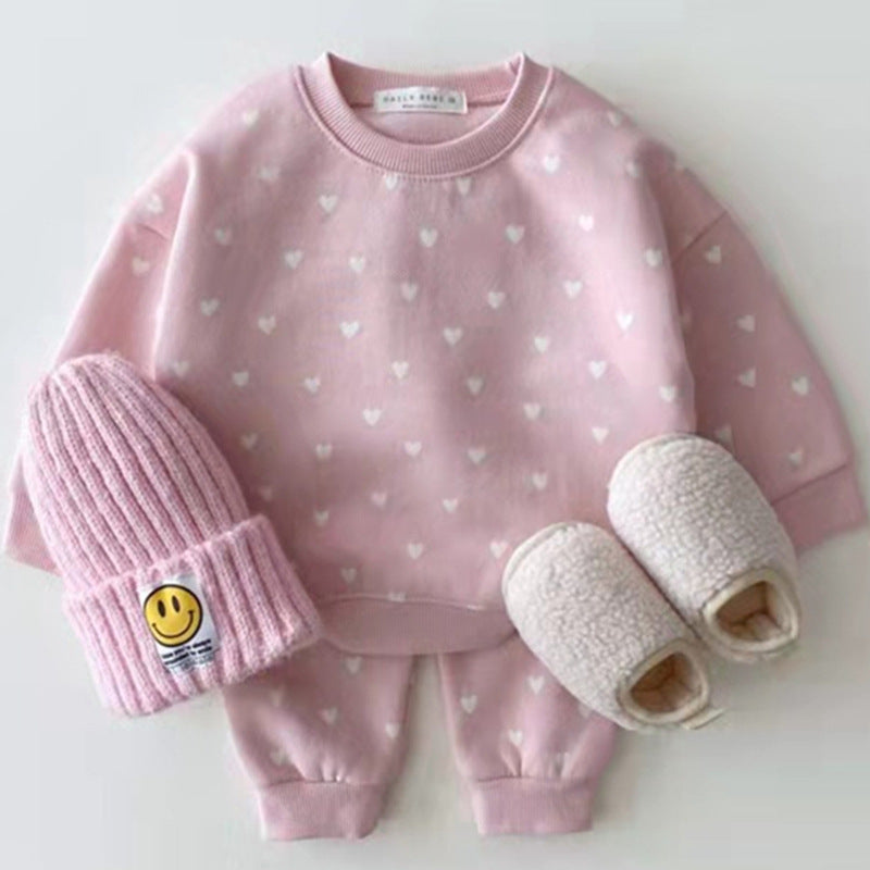 Heart Print Sweatshirt & Jogger Set – Cozy Two-Piece Baby Girl Outfit (0–12M)