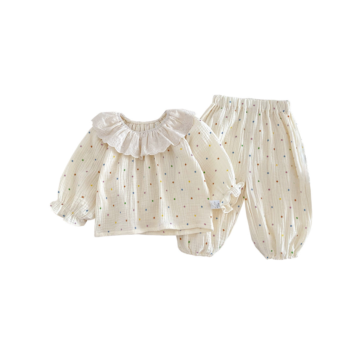 Polka Dot Lace Collar Blouse & Pants Two-Piece Set – Cotton Gauze Baby Girl Outfit (6M–3Y)