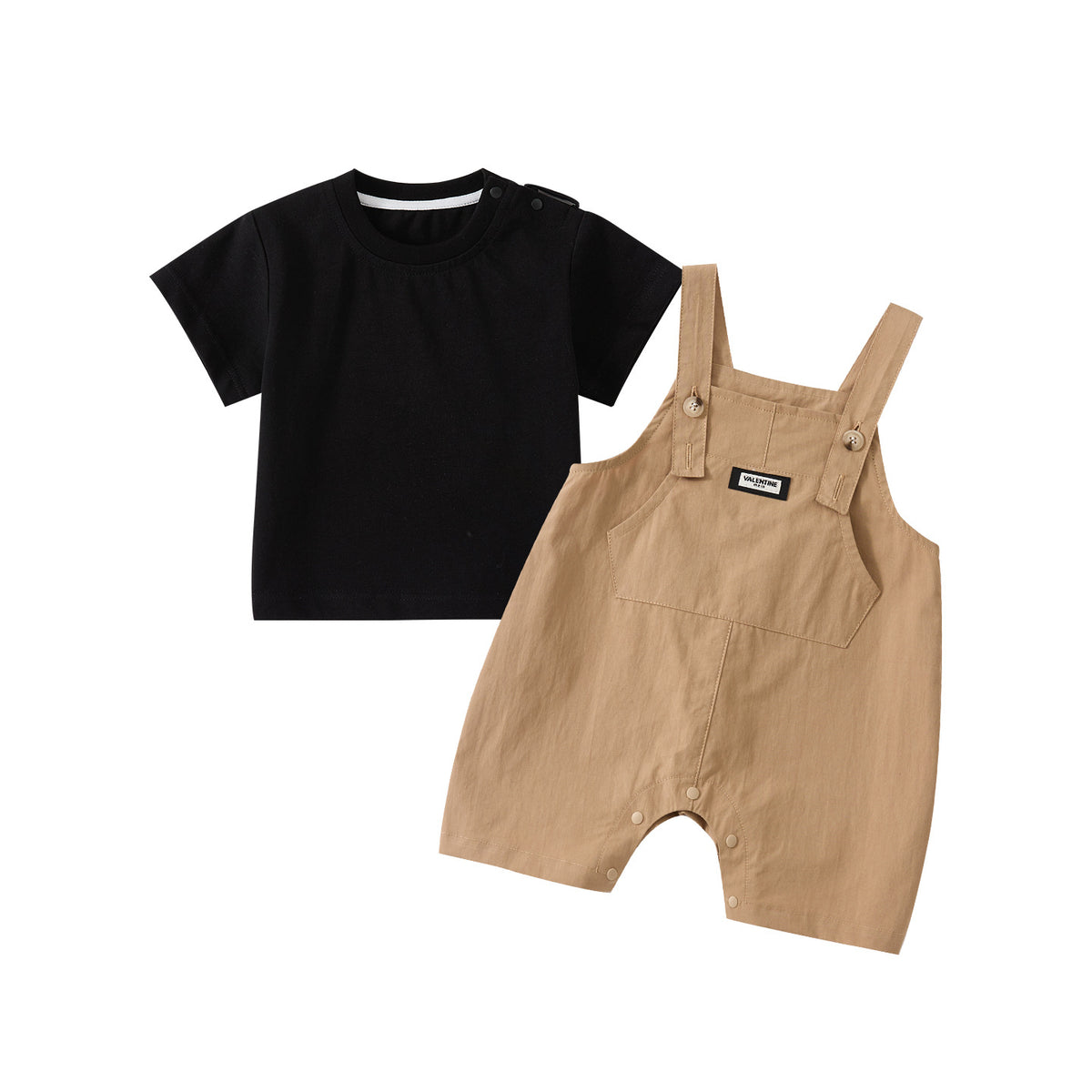 Khaki Short Overalls & Black Tee Set – Lightweight Cotton Two-Piece Baby Boy Outfit (0–24M)