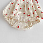 Strawberry Fields Muslin Romper – 3D Strawberry Detail Tie-Strap Bubble Bodysuit (0–18M)    Mimou Babywear