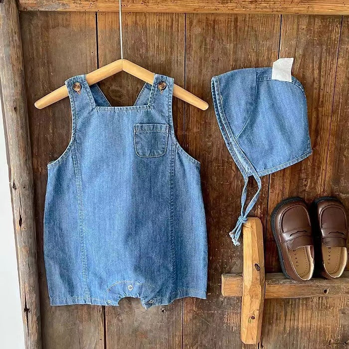 Denim Dungaree Romper & Bonnet Set – Sleeveless Overalls with Matching Hat (0–18M)    Mimou Babywear