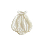 Ivory floral garland bubble romper with 3D flower collar, front view