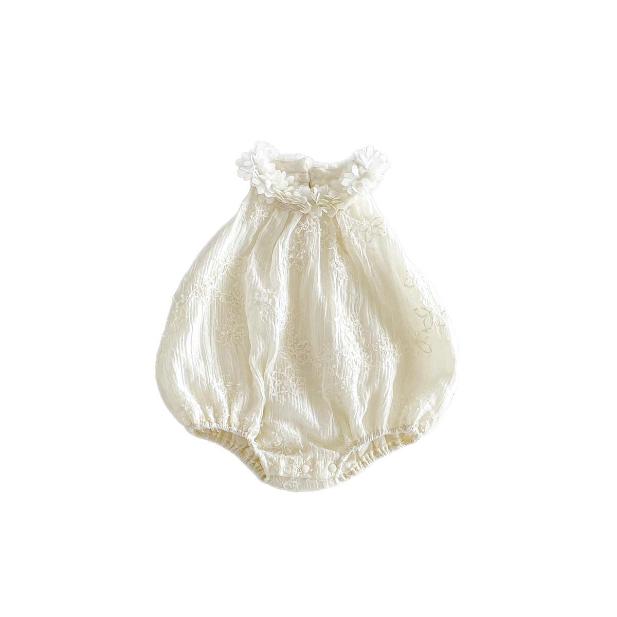 Ivory floral garland bubble romper with 3D flower collar, front view