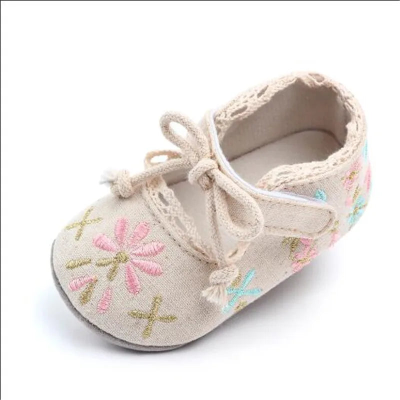 Floral Baby Girl First Walker Shoes with Soft Non-Slip Sole (0–18M)    Mimou Babywear