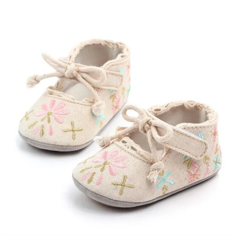 Floral Baby Girl First Walker Shoes with Soft Non-Slip Sole (0–18M)    Mimou Babywear