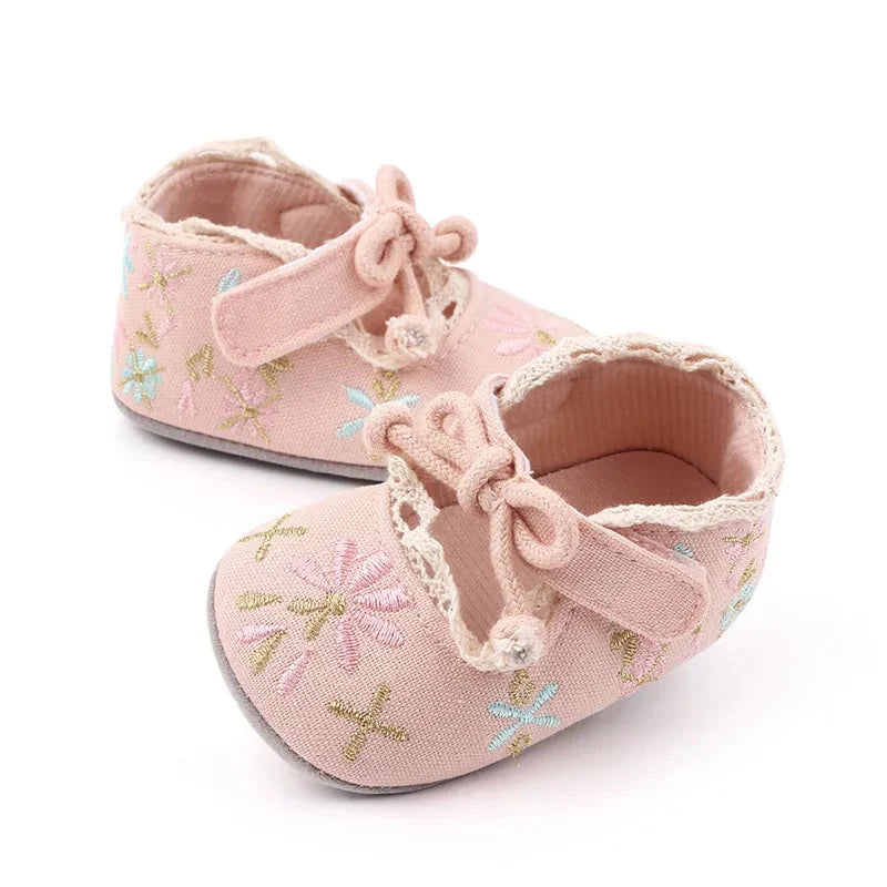 Floral Baby Girl First Walker Shoes with Soft Non-Slip Sole (0–18M)    Mimou Babywear