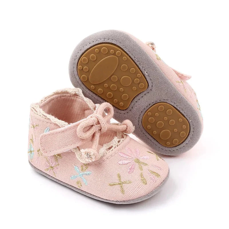 Floral Baby Girl First Walker Shoes with Soft Non-Slip Sole (0–18M)    Mimou Babywear