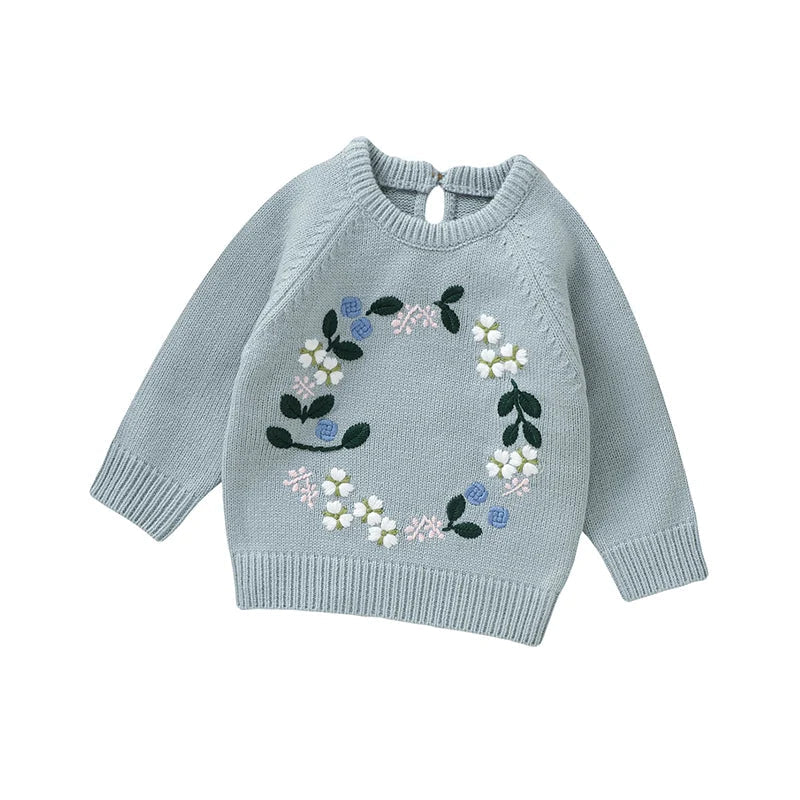 Floral Embroidered Knit Sweater for Babies – Long Sleeve Soft Knit Pullover (6–36M)    Mimou Babywear