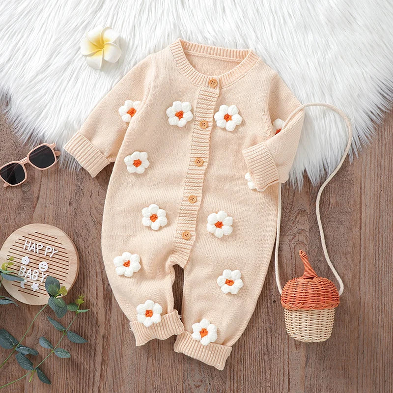 Floral Knit Baby Jumpsuit – Long Sleeve Cozy One-Piece (0-24M)    Mimou Babywear
