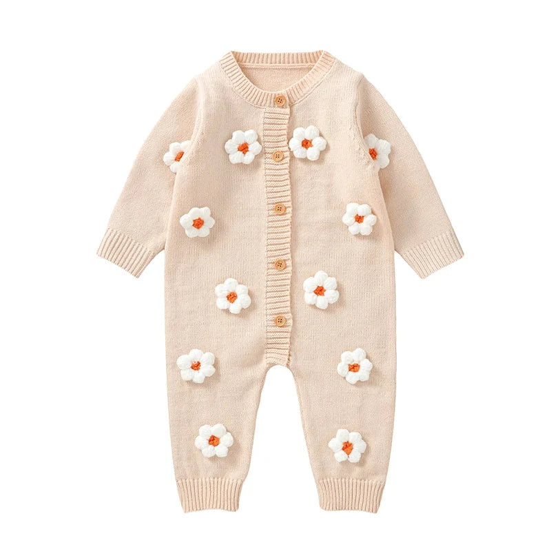 Floral Knit Baby Jumpsuit – Long Sleeve Cozy One-Piece (0-24M)    Mimou Babywear