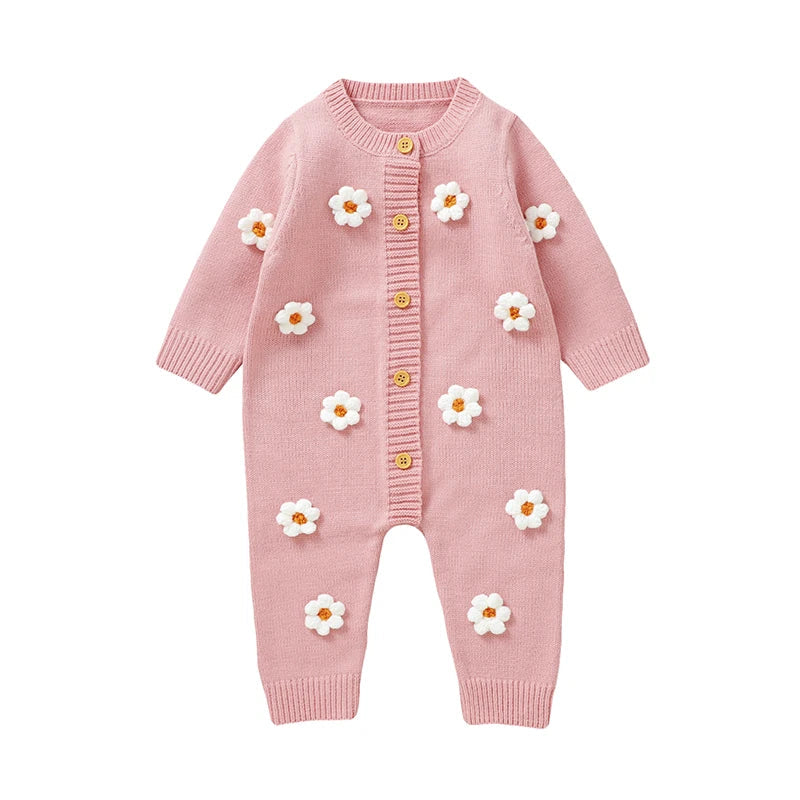 Floral Knit Baby Jumpsuit – Long Sleeve Cozy One-Piece (0-24M)    Mimou Babywear